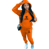 Casual Fleece Letter Print Drawstring Hoodie Sweatshirt & Sweatpants Sets