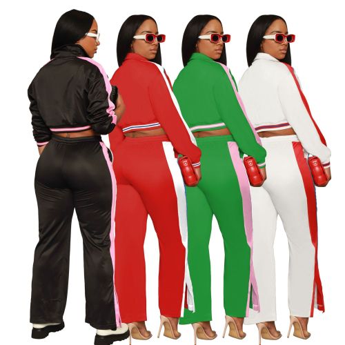 Women's Striped Button Color Matching Sports Slit Pants Two Piece Set