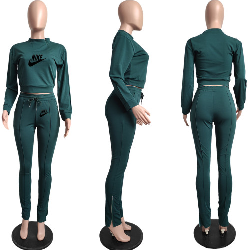 Women Zipper Sweatshirt Slit Pants Printed Casual Two Piece Set with Pockets