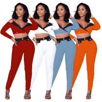 Color Block Patchwork Matching Women 2 Piece Set Spaghetti Strap Backless Crop Top & Buttons Up Pencil Trouser