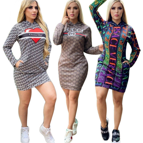 Fashion Long Sleeve Printed Hooded Club Dress