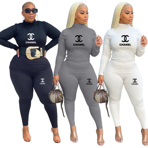Casual Printed High Neck Two Piece Plus Size Pant Set