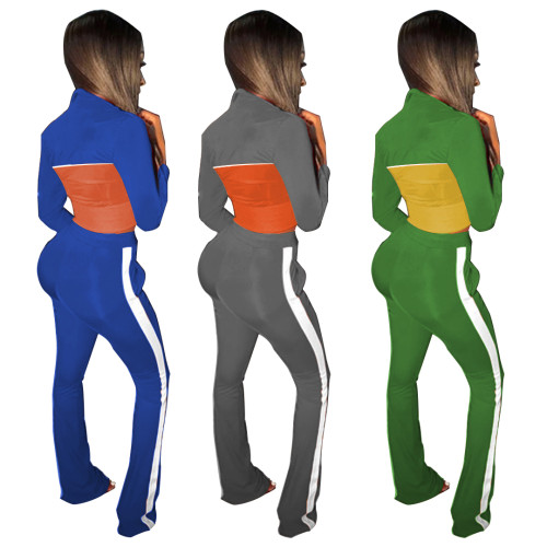 Women Color Block Patchwork Mock Neck Zipper Long Sleeve Casual Club Outfits 2pc