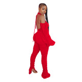 Solid Color Halter Neck Backless Balloon Sleeve Gathered Jumpsuit