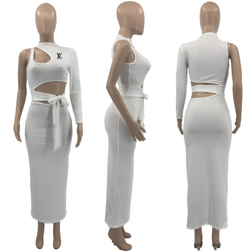 Fashion Hollow Tie Solid Color Offset Printed Single Shoulder Long Dresses