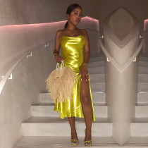 Gold Sexy Fashion Spaghetti Strap Sleeveless Slip Asymmetrical Mid-Calf Split Dresses