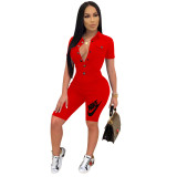 Casual Short Sleeve Offset Printed Short One Piece Rompers