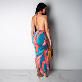 Multicolor Printed Halter Backless Irregular Skirts Set