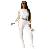 Solid Color Sequin Stitching Round Neck Long Sleeve Two Piece Pant Set