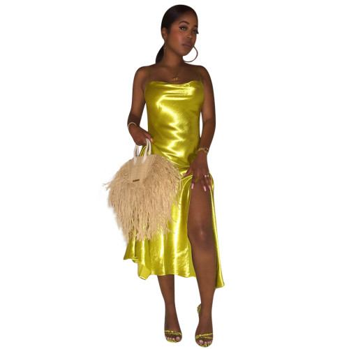 Gold Sexy Fashion Spaghetti Strap Sleeveless Slip Asymmetrical Mid-Calf Split Dresses