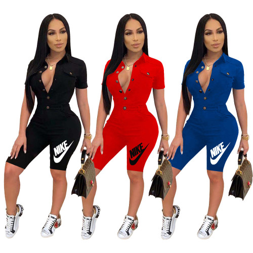 Casual Short Sleeve Offset Printed Short One Piece Rompers