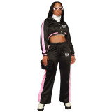 Women's Striped Single-breasted Color Matching Sports Slit Pants Two Pieces