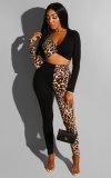 Solid Color Long Sleeve Leopard Print Stitching 2 Piece Trousers Set