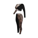 Solid Color Long Sleeve Leopard Print Stitching 2 Piece Trousers Set