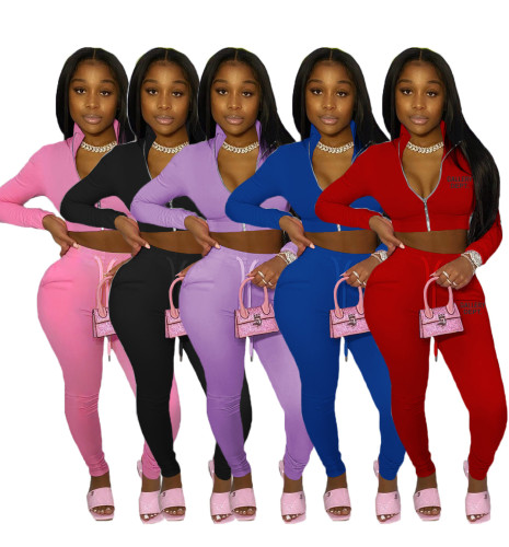 Spring/Autumn Branded Clothings Women High Neck Ziper Printed Sweatshirt Pant Set