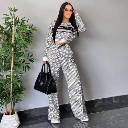Casual Thread Printed Long Sleeve Tops Wide Leg Pants Two Piece Set