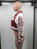 Single Breasted Letter Print Contrast Color Trendy Varsity Baseball Track Top