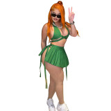 Green Women's Sports Lapel Halter Bikini Pleated Skirt Swimsuit Three Piece Set