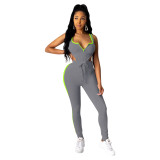 Solid Color Sportswear Sleeveless Bodysuit + Trousers Two Piece Set
