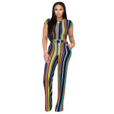 Casual Digital Printed Striped Short Sleeve Top Wide-leg Pants Two Pieces