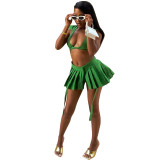 Green Women's Sports Lapel Halter Bikini Pleated Skirt Swimsuit Three Piece Set