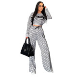 Casual Thread Printed Long Sleeve Tops Wide Leg Pants Two Piece Set