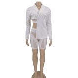 Women's 2 Piece Set Cutout Blazer & Shorts Long Sleeve Turndown Collar Bandage Jacket & Patchwork Mesh Cycling Shorts