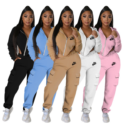 Autumn/Winter Pocketed Irregular Printed Zipper Sweatshirt & Trousers Two Pieces