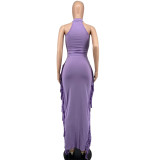 Pure Offset Pritned Sleeveless Halter Neck Fringe Dress Skirt Set