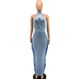 Pure Offset Pritned Sleeveless Halter Neck Fringe Dress Skirt Set