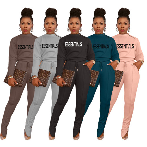 Women Slit Zipper Printed Sweatshirt & Pants Casual Two Pieces with Zipper