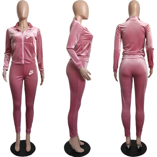 Casual Korean Velvet Print Sportswear Two Piece Pant Set