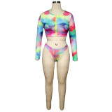 Tie-Dye Print Long Sleeve Swimsuit Two Piece Set