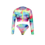 Tie-Dye Print Long Sleeve Swimsuit Two Piece Set