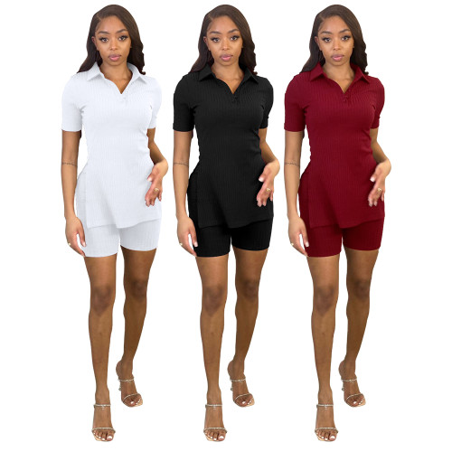 Solid Color Ribbed Shor Sleeve Slit Buttons Turndown Neck Casual Two Piece Short Set