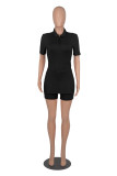 Solid Color Ribbed Shor Sleeve Slit Buttons Turndown Neck Casual Two Piece Short Set