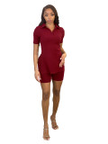 Solid Color Ribbed Shor Sleeve Slit Buttons Turndown Neck Casual Two Piece Short Set