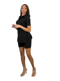 Solid Color Ribbed Shor Sleeve Slit Buttons Turndown Neck Casual Two Piece Short Set