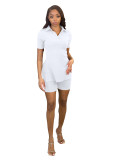 Solid Color Ribbed Shor Sleeve Slit Buttons Turndown Neck Casual Two Piece Short Set