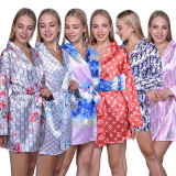 Women's Sexy Printed Lace-Up Mid-Long Nightgown Homewear Loungewear