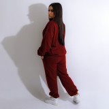 Casual Offset Printed Fleece Round Neck Sweatshirt Pant Set with Pockets