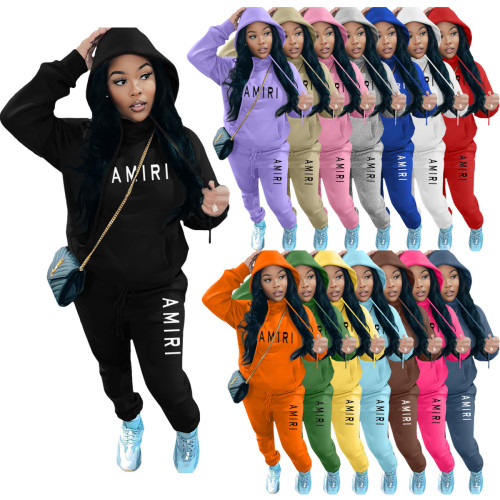 Casual Fleece Letter Print Drawstring Hoodie Sweatshirt & Sweatpants Two Pieces