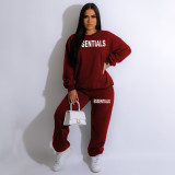 Casual Offset Printed Fleece Round Neck Sweatshirt Pant Set with Pockets