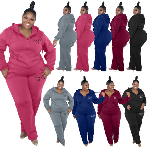 Autumn Winter Plus Size Women's Fashion Printed Hooded Sweatshirt Sweatpant Pant Set