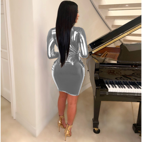 Fashion Deep V Long Sleeve Drawstring Wrapped Nightclub Bodycon Dress