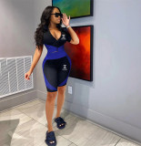 Casual Zipper High Neck Digital Colorful Striped Print Shorts Set 2 Piece