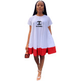 Summer Printed Short Sleeve O Neck Color-block Pleated Dresses with Pockets