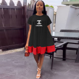 Summer Printed Short Sleeve O Neck Color-block Pleated Dresses with Pockets