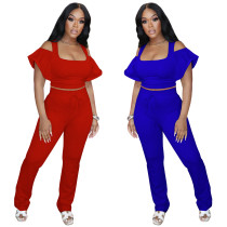Solid Color Knitted Cotton Irregular Short Sleeve Tracksuit Two Piece Set
