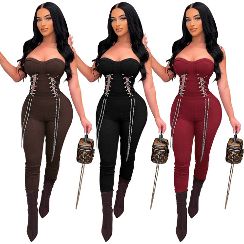 Sexy Strapless Lace-Up Eyelet Chain Jumpsuit